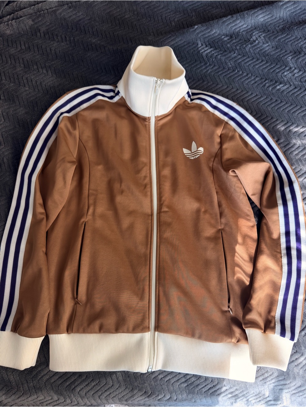 Adidas Brown Track Jacket with White Collar and Purple  Stripes